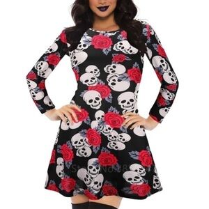 Skull Rose Print Dress Womens Large Stretch Whimsigoth Witchy Vamp Fairy Grunge